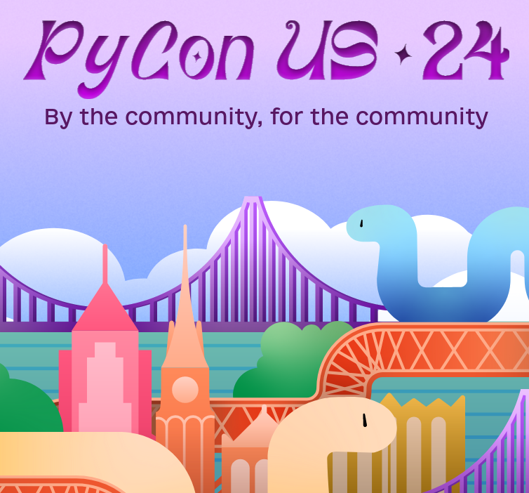 Illustrated PyCon US 2024 scene with conference buildings and rides